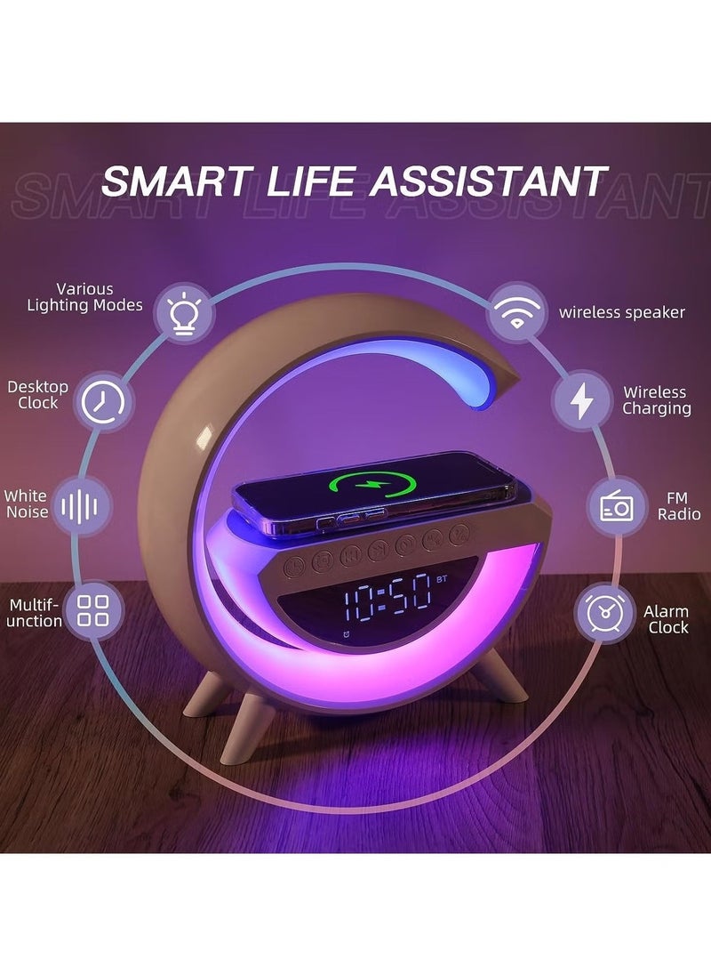 JAJEEK Atmosphere Lamp with 15W Wireless Charger & LED Alarm Clock – Dimmable Ambient Light, Smart Table Lamp with Bluetooth Speaker, Dazzling Running Lights & Multiple Lighting Modes for Adults, Kids, Office & Bedroom (White) - Image 2