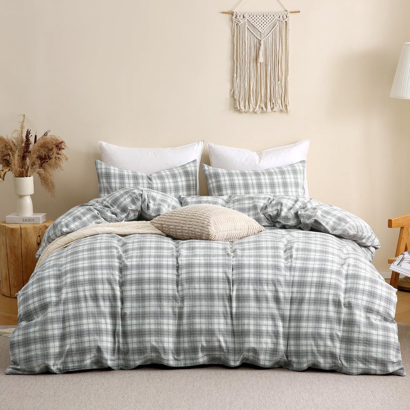 TOCOMOA Plaid Duvet Cover Set 100% Washed Cotton Like Linen Feel Super Soft Comfy 3 Piece Grey and Green Gingham Checkered Bedding Comforter Cover Set (Queen 90"x90", Comforter Not Included) - Image 3