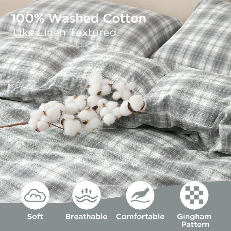 TOCOMOA Plaid Duvet Cover Set 100% Washed Cotton Like Linen Feel Super Soft Comfy 3 Piece Grey and Green Gingham Checkered Bedding Comforter Cover Set (Queen 90"x90", Comforter Not Included) - Image 5