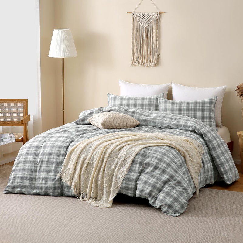 TOCOMOA Plaid Duvet Cover Set 100% Washed Cotton Like Linen Feel Super Soft Comfy 3 Piece Grey and Green Gingham Checkered Bedding Comforter Cover Set (Queen 90"x90", Comforter Not Included) - Image 2