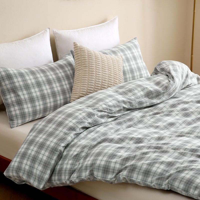 TOCOMOA Plaid Duvet Cover Set 100% Washed Cotton Like Linen Feel Super Soft Comfy 3 Piece Grey and Green Gingham Checkered Bedding Comforter Cover Set (Queen 90"x90", Comforter Not Included) - Image 4
