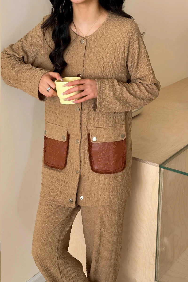 هاسال Textured & Embroidered Leather Pocket Suit