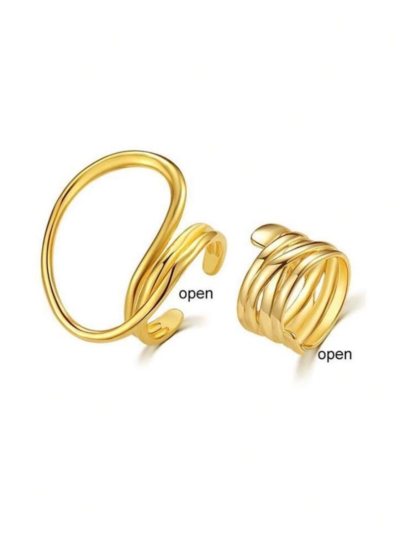 إيكوال خاتم نسائي ترندي مكون من قطعتين باللون الذهبي بمقاس موحد - Image 3