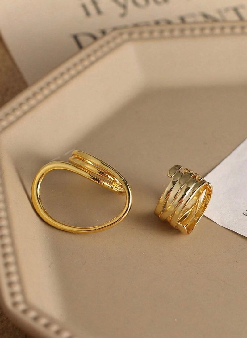 إيكوال خاتم نسائي ترندي مكون من قطعتين باللون الذهبي بمقاس موحد - Image 4