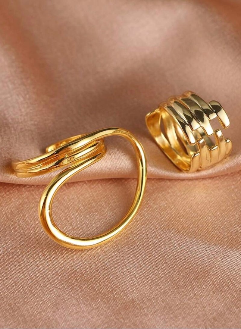 إيكوال خاتم نسائي ترندي مكون من قطعتين باللون الذهبي بمقاس موحد - Image 2