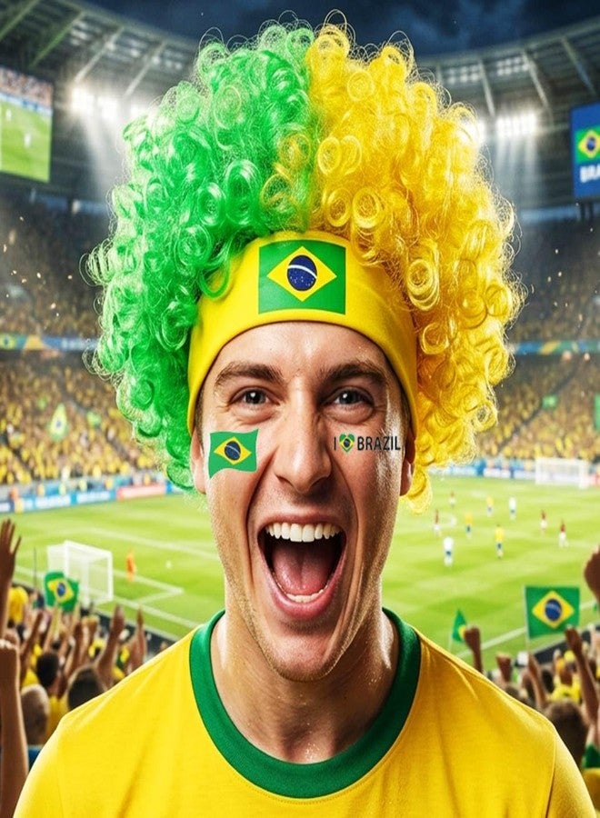 CAKURE Brazil Soccer Fan Wig Green & Yellow Curly Afro Wig with Brazil Flag for Soccer Games, National Day, Sports Events - Image 1