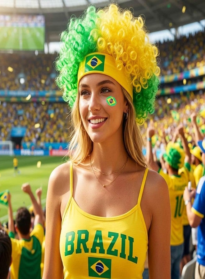CAKURE Brazil Soccer Fan Wig Green & Yellow Curly Afro Wig with Brazil Flag for Soccer Games, National Day, Sports Events - Image 3