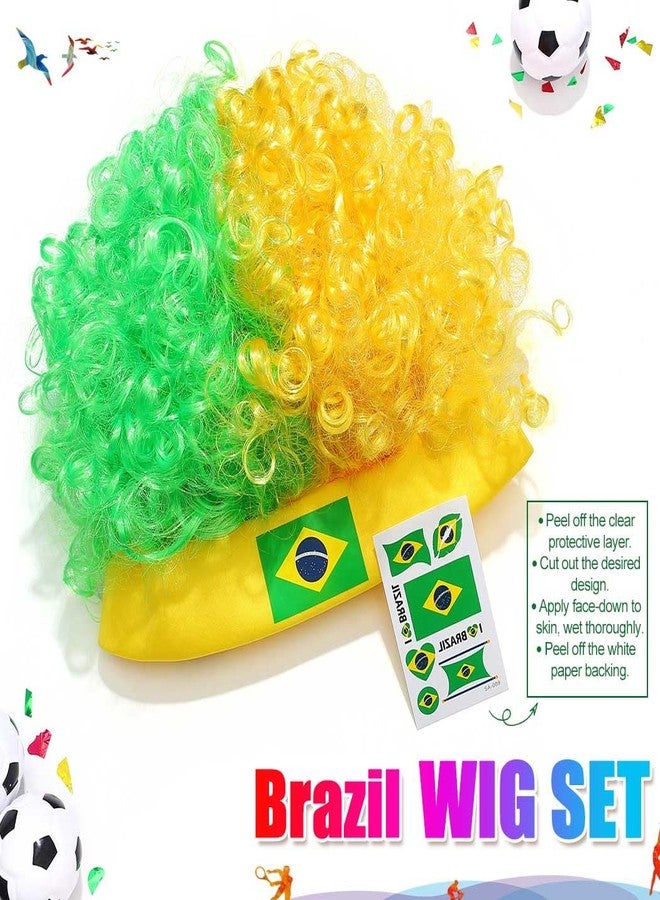 CAKURE Brazil Soccer Fan Wig Green & Yellow Curly Afro Wig with Brazil Flag for Soccer Games, National Day, Sports Events - Image 2