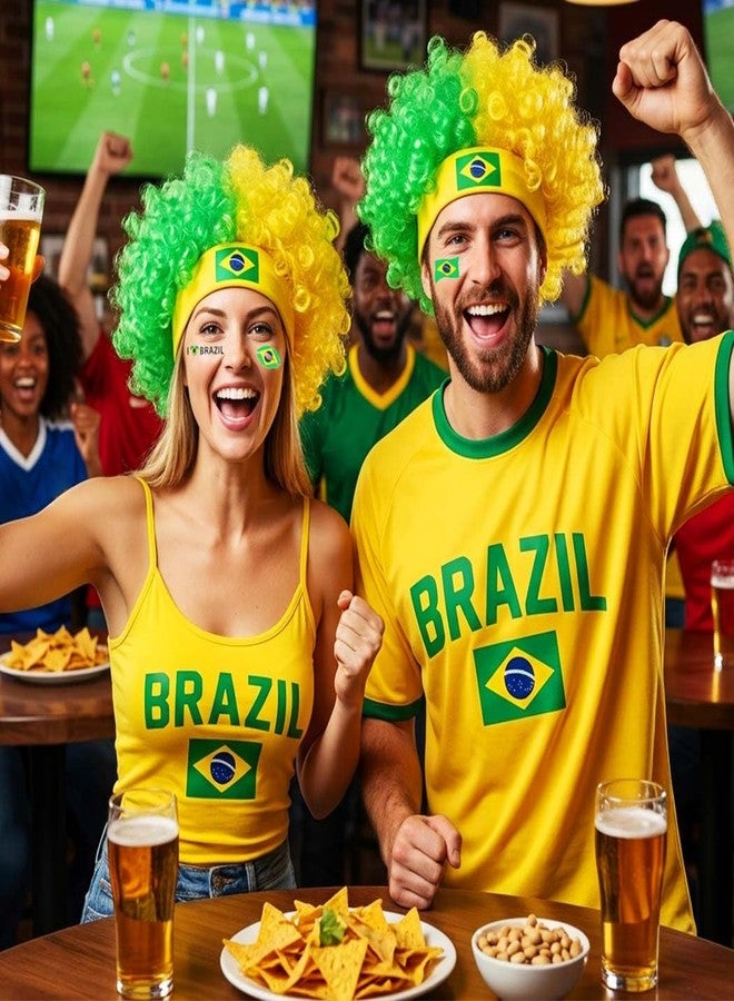 CAKURE Brazil Soccer Fan Wig Green & Yellow Curly Afro Wig with Brazil Flag for Soccer Games, National Day, Sports Events - Image 5