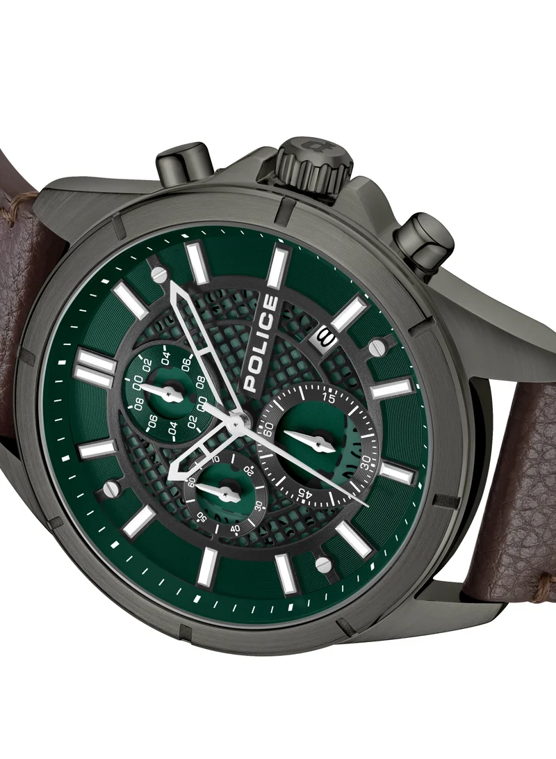 POLICE Burbank Green Dial Chocolate Brown Leather Strap Gents Chronograph Watch With Stainless Steel Case