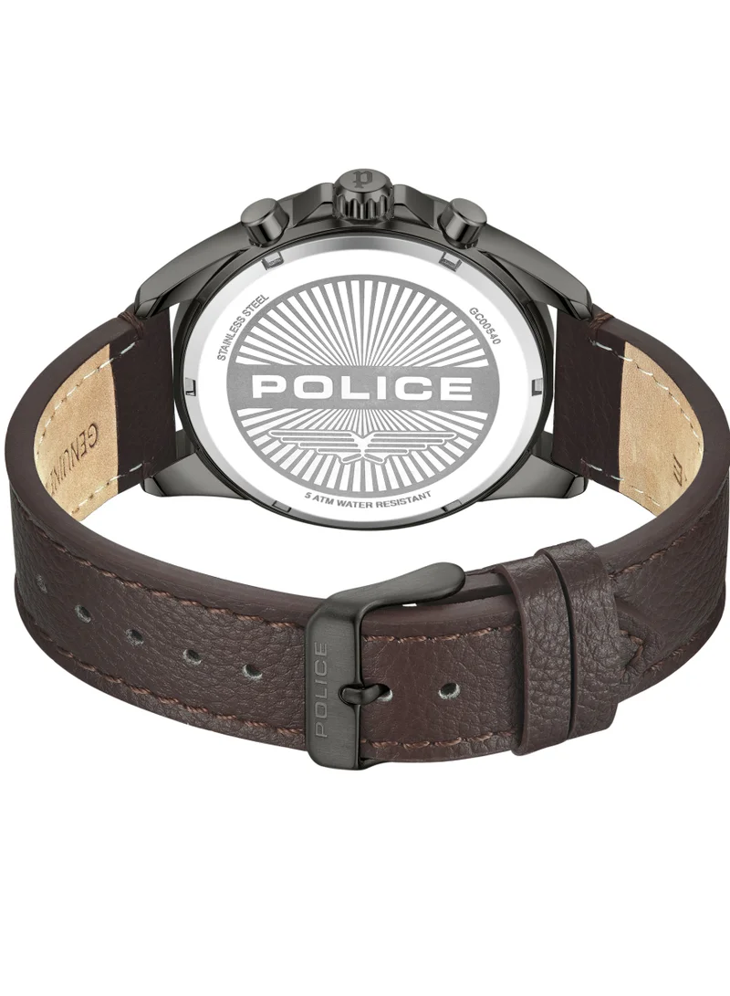 POLICE Burbank Green Dial Chocolate Brown Leather Strap Gents Chronograph Watch With Stainless Steel Case