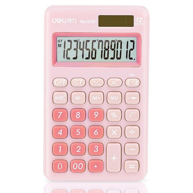 Deli Standard Function Basic Calculator 12 Digit Desktop Calculator with Large LCD Display Solar Battery Dual Power Office Calculators Pink - Image 2