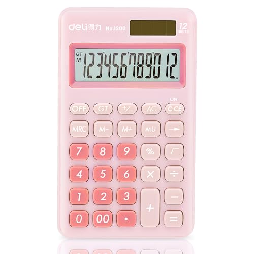 Deli Standard Function Basic Calculator 12 Digit Desktop Calculator with Large LCD Display Solar Battery Dual Power Office Calculators Pink - Image 1