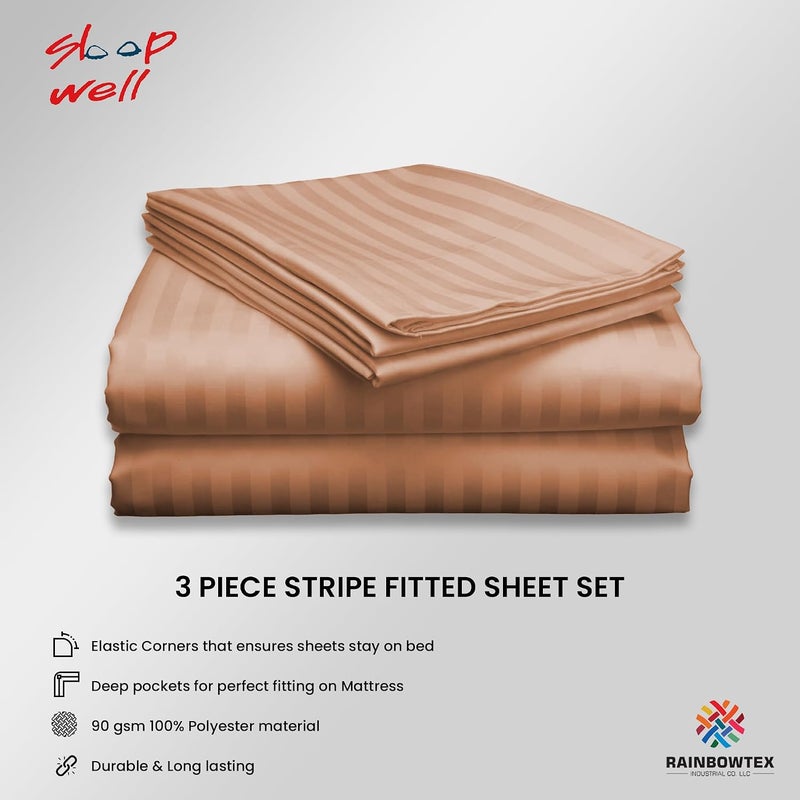 sleep well 3Pcs Stripe Fitted Sheet Set - 200x200+17cm (Peach) - Image 2