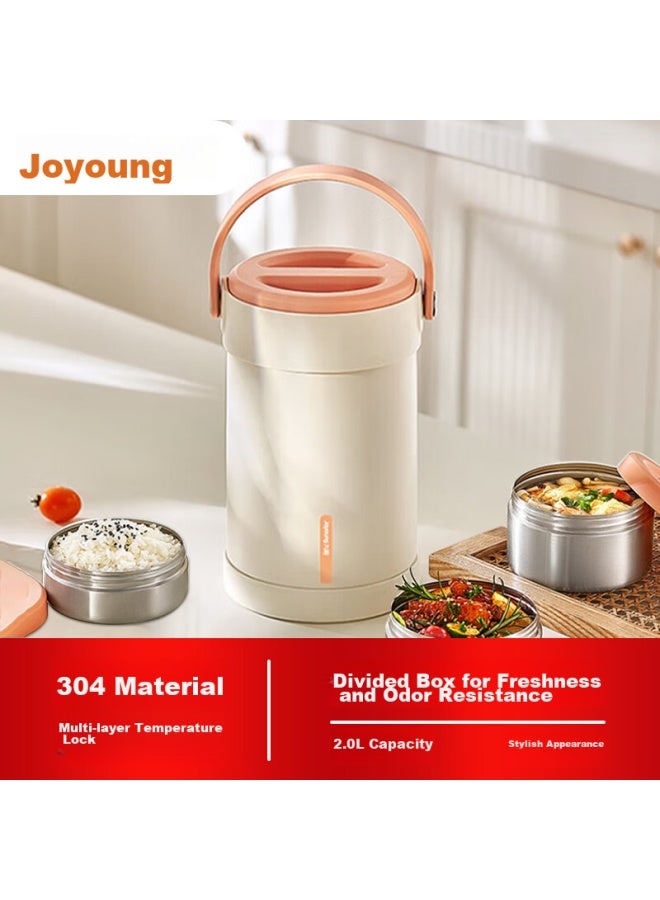 Joyoung Insulated Food Container, 304 Stainless Steel Lunch Box, 2l Large Capacity, Insulated Bento Box, For Students And Office Workers, Insulated Bucket, White - Image 1