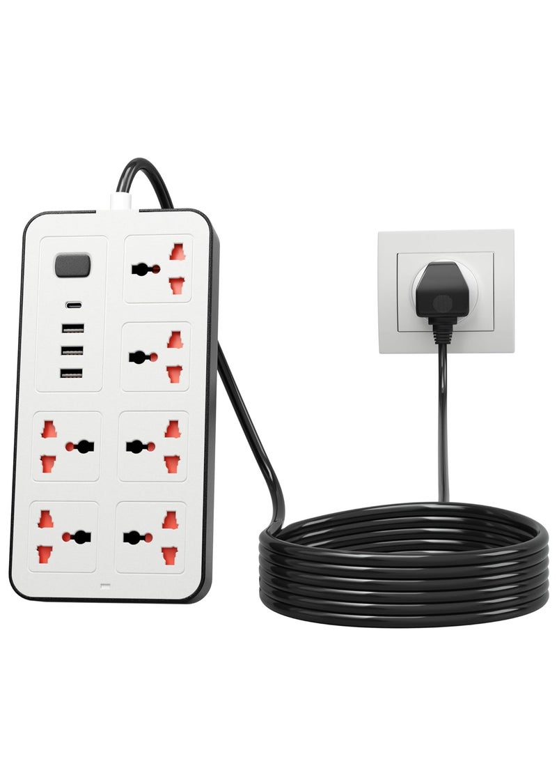 زها سلك تمديد عالمي من زها مع 6 مقابس طاقة و3 فتحات USB، مشترك طاقة 6 اتجاهات مع فتحة شحن USB من النوع C PD، وصلة تمديد 5 متر - أبيض (6S-3U-1PD)  - Image 1
