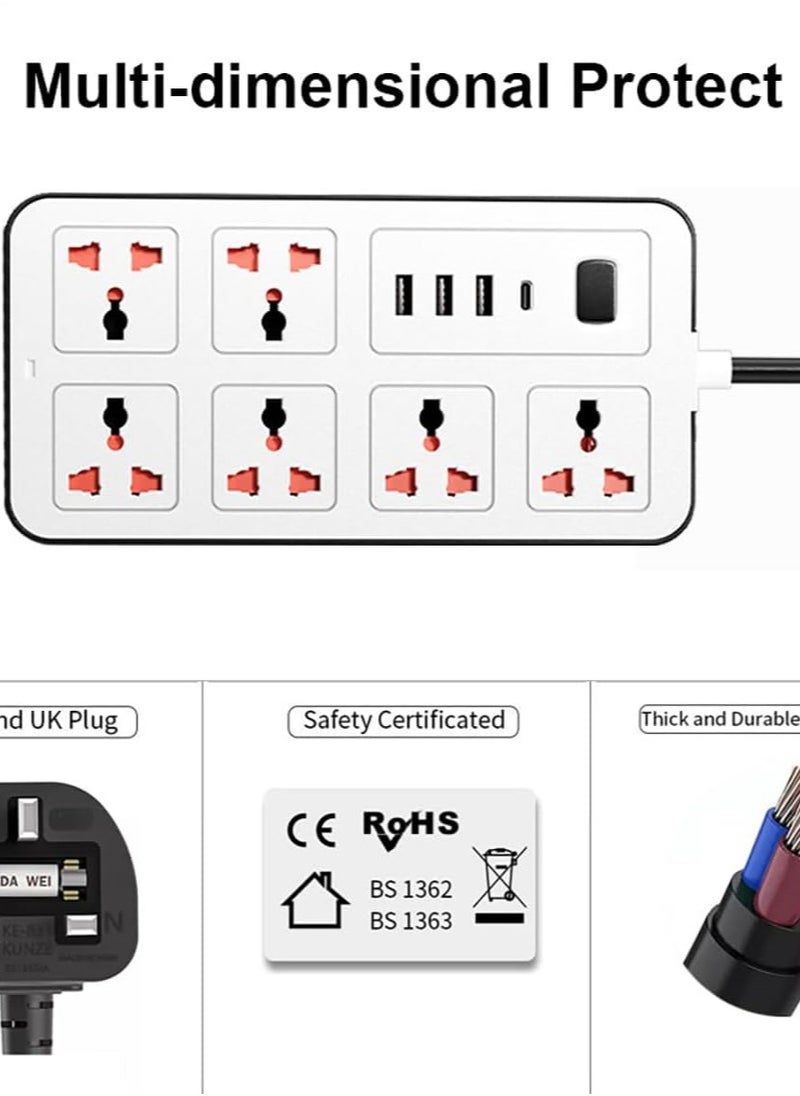 زها سلك تمديد عالمي من زها مع 6 مقابس طاقة و3 فتحات USB، مشترك طاقة 6 اتجاهات مع فتحة شحن USB من النوع C PD، وصلة تمديد 5 متر - أبيض (6S-3U-1PD)  - Image 3