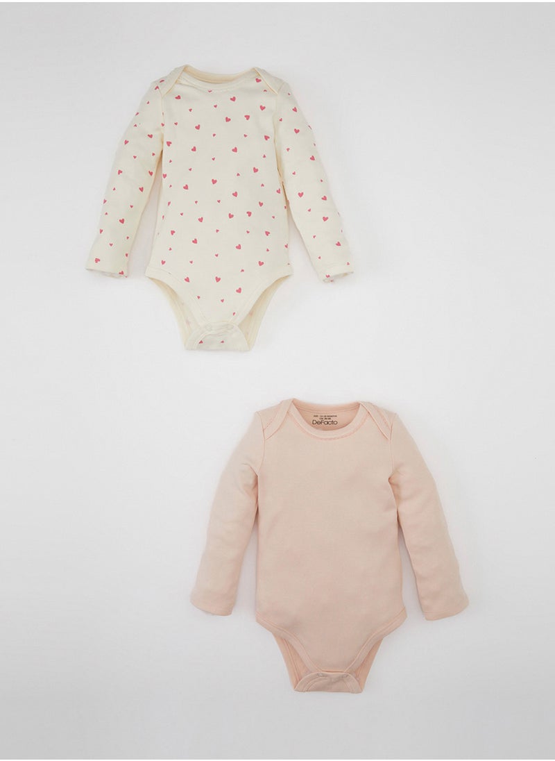 DeFacto - Newborn Beige Snap-Up Foldover Collar Heart Printed 2-Piece Long Sleeve Bodysuit - Image 1