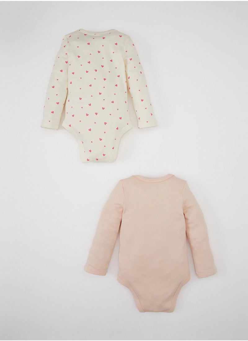 DeFacto - Newborn Beige Snap-Up Foldover Collar Heart Printed 2-Piece Long Sleeve Bodysuit - Image 1