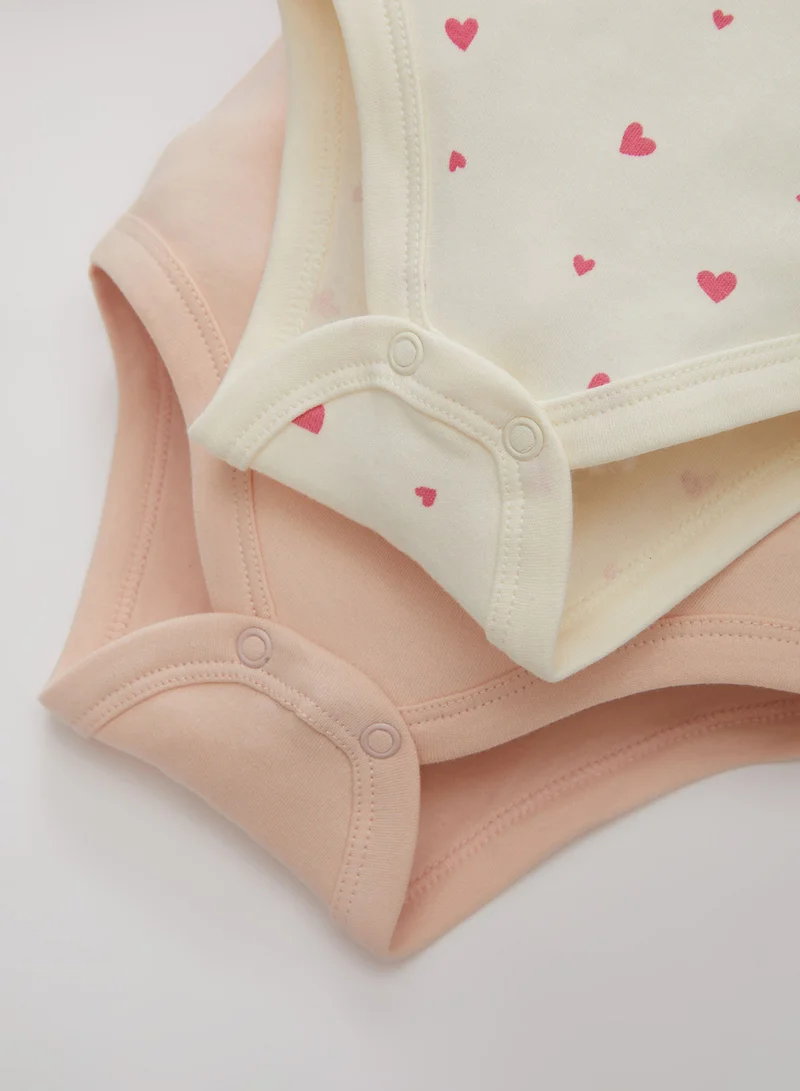 DeFacto Newborn Beige Snap-Up Foldover Collar Heart Printed 2-Piece Long Sleeve Bodysuit