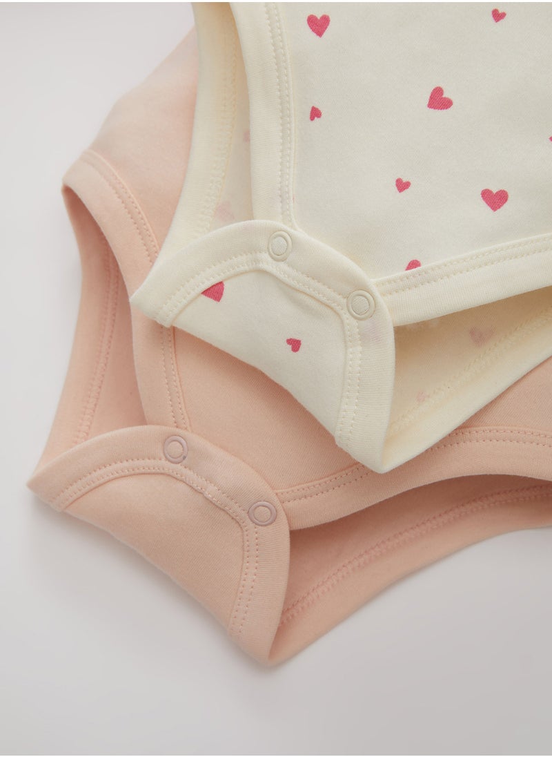 DeFacto - Newborn Beige Snap-Up Foldover Collar Heart Printed 2-Piece Long Sleeve Bodysuit - Image 1