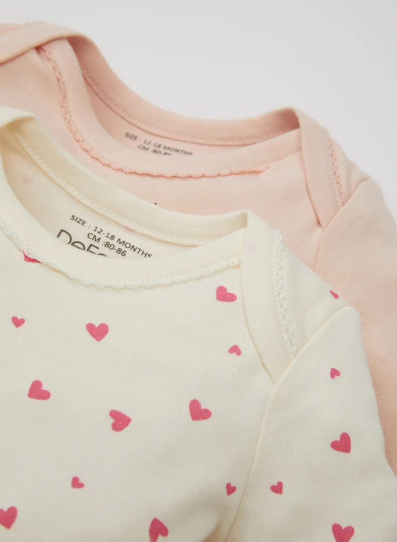 DeFacto Newborn Beige Snap-Up Foldover Collar Heart Printed 2-Piece Long Sleeve Bodysuit