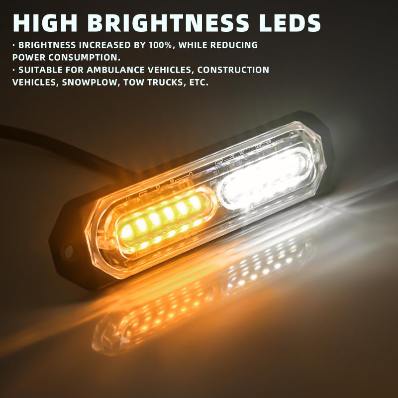 PKINGLAKE 8-Pcs 12 LED Sync Feature Emergency Strobe Grille Lights Ultra Slim Surface Mount Hazard Warning Flashing Light Bar for Firefighter/Construction/Police/Trucks/Vehicles/Car/SUV (Amber/White) - Image 3