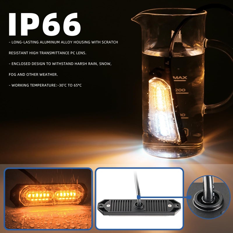 PKINGLAKE 8-Pcs 12 LED Sync Feature Emergency Strobe Grille Lights Ultra Slim Surface Mount Hazard Warning Flashing Light Bar for Firefighter/Construction/Police/Trucks/Vehicles/Car/SUV (Amber/White) - Image 5