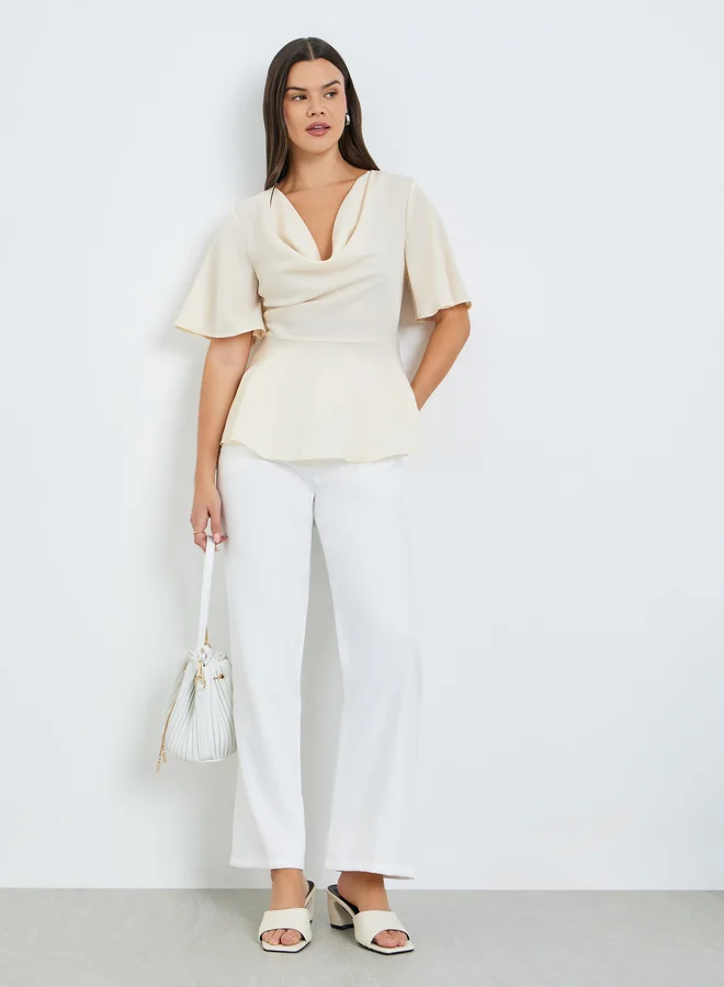 Take Two Beige Cowl Neck Ruffled Sleeve Top