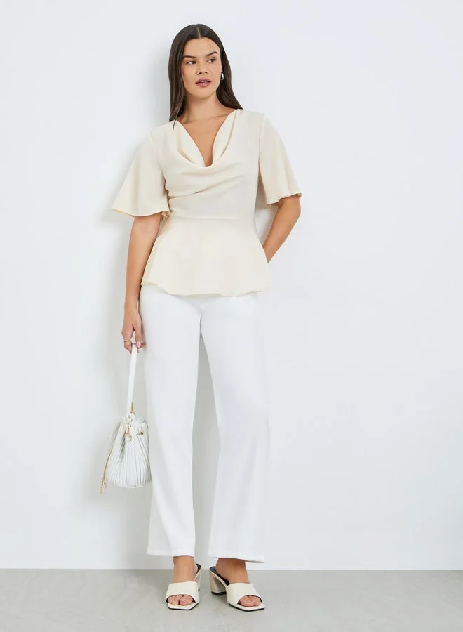 Take Two Beige Cowl Neck Ruffled Sleeve Top