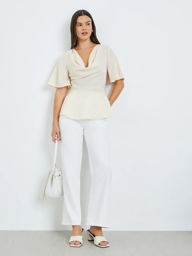 Take Two Beige Cowl Neck Ruffled Sleeve Top