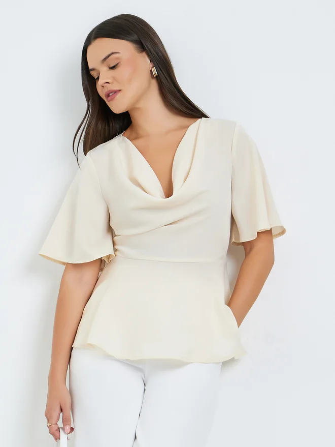 Take Two Beige Cowl Neck Ruffled Sleeve Top