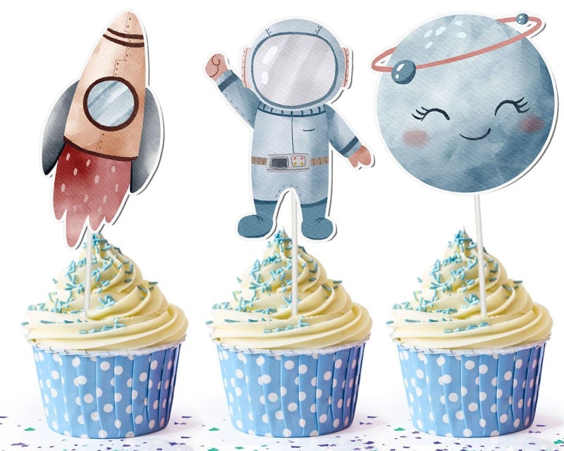 PC Space Cupcake Toppers 10 Pcs Astronaut Rocket and Planet Party Decorations for Outer Space Birthday Galaxy Baby Shower Kids Cupcake Picks Cake and Dessert Supplies - Image 2