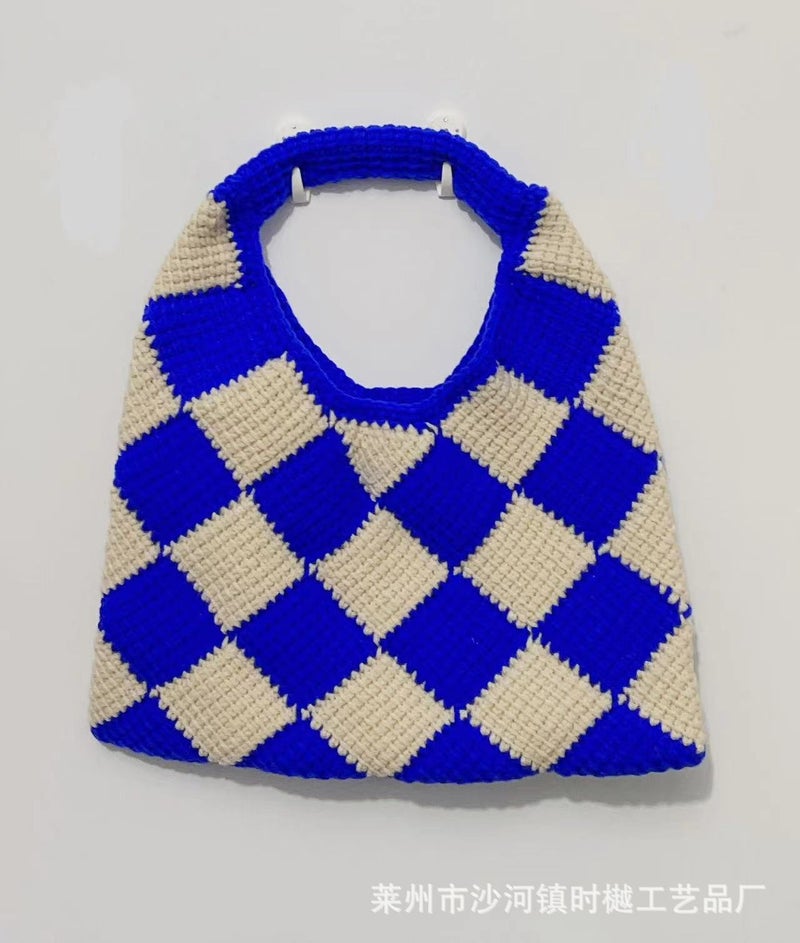 Versatile Knitted Bag Woven Bag Rhombus Wool Bag Woolen Crochet Bag Handbag Hand Bag Bag For Women - Image 1