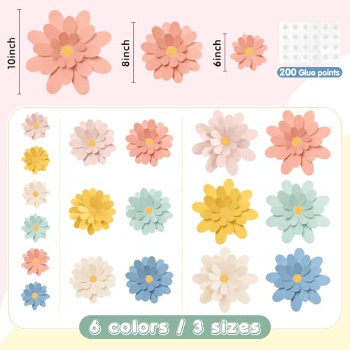 MotiMind 18 Pcs Paper Flowers Decorations for Wall DIY Flower Bulletin Board 3D Paper Floral Backdrop Decoration for Photo Backdrop Classroom Back to School PartyBright Color6 8 10 - Image 3