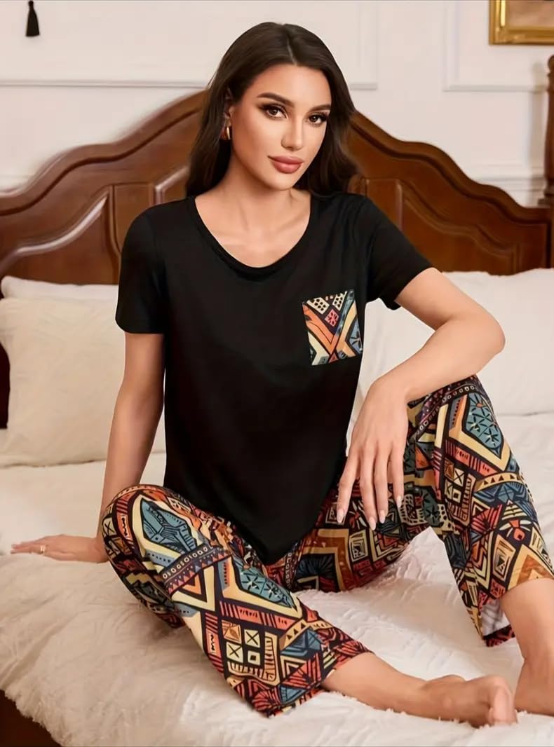 Celary Women’s Cotton Blend Printed Night Suit Set||Soft & Breathable Short Sleeve Top & Ethnic Print Pyjama Set||Also Available in Plus Size||Korean Night Suit||Comfortable Home Wear & Sleepwear - Image 4