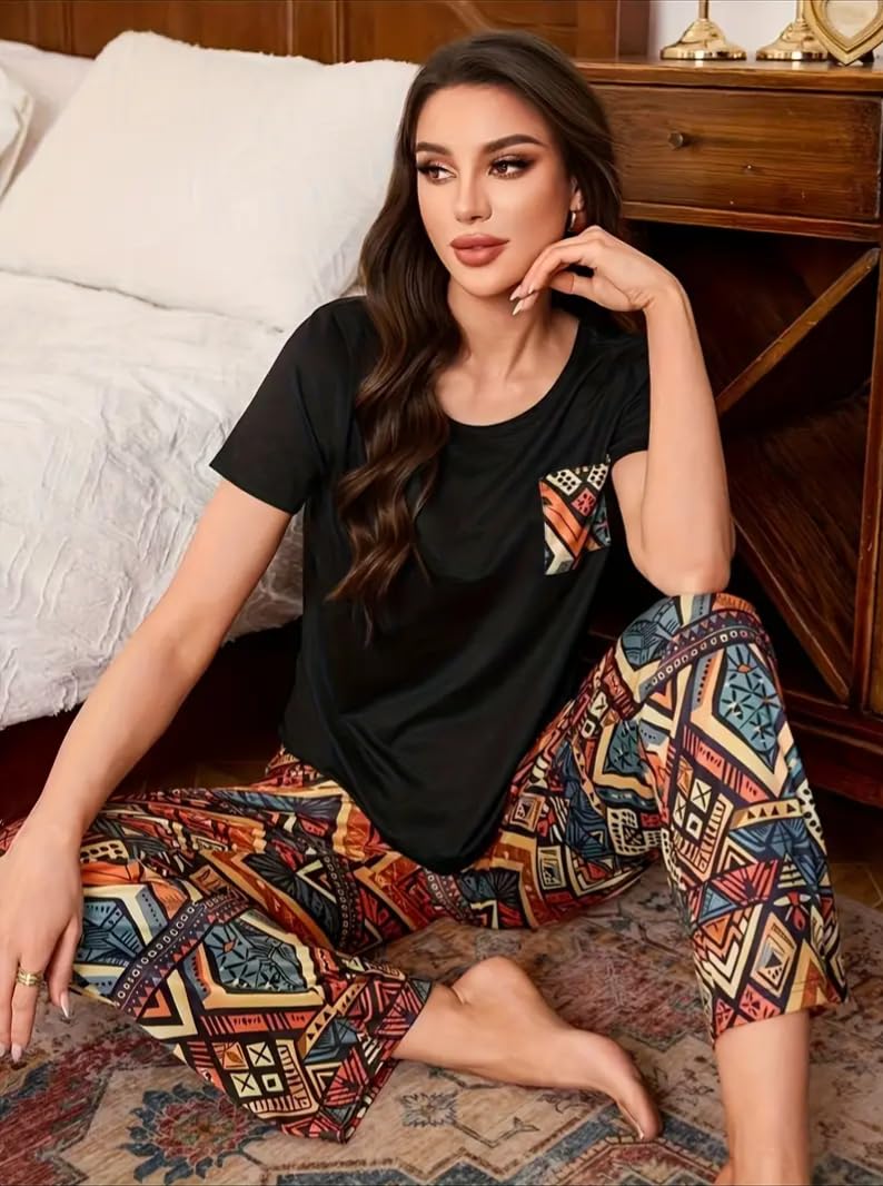 Celary Women’s Cotton Blend Printed Night Suit Set||Soft & Breathable Short Sleeve Top & Ethnic Print Pyjama Set||Also Available in Plus Size||Korean Night Suit||Comfortable Home Wear & Sleepwear - Image 5