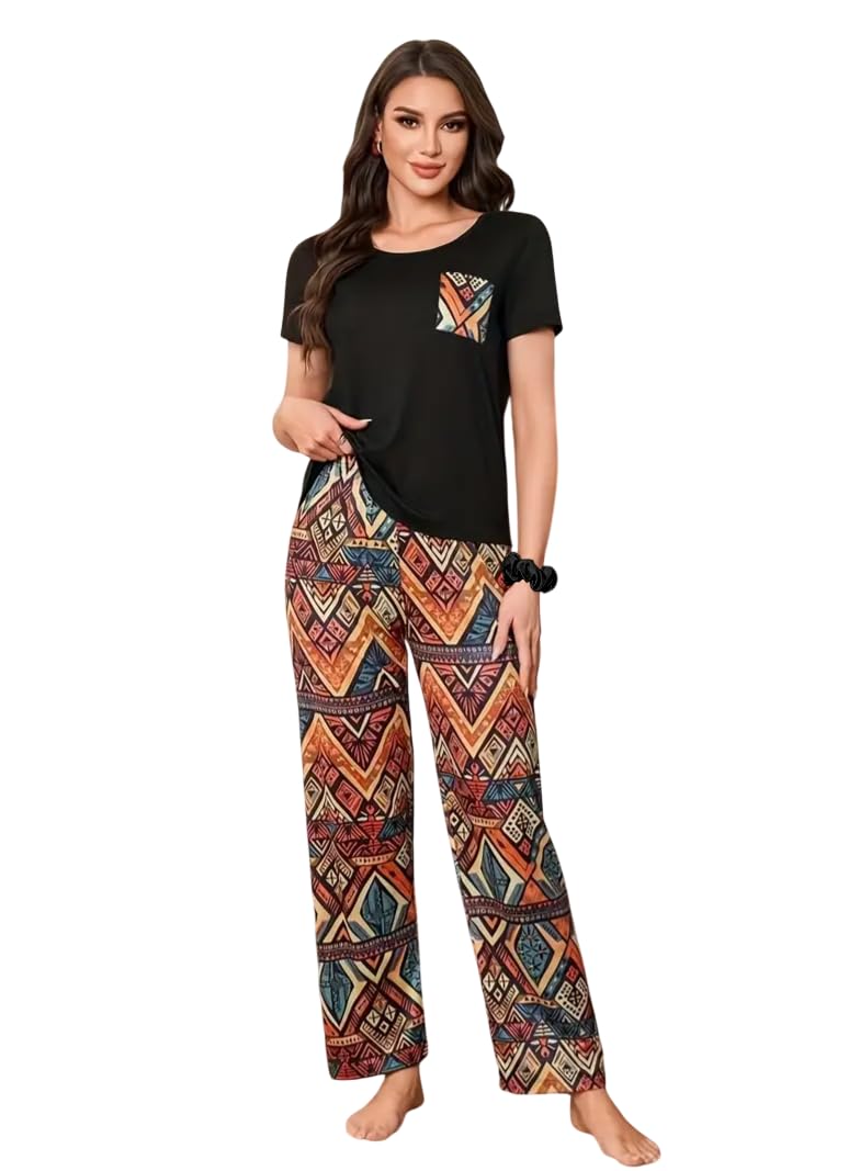 Celary Women’s Cotton Blend Printed Night Suit Set||Soft & Breathable Short Sleeve Top & Ethnic Print Pyjama Set||Also Available in Plus Size||Korean Night Suit||Comfortable Home Wear & Sleepwear - Image 1