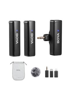 BOYALINK A2 2.4GHz Wireless Lavalier Microphone System Clip-on Microphone 100m Transmission Range Noise Reduction Auto Sync with Receiver + 2pcs Transmitter + 3pcs Adapters