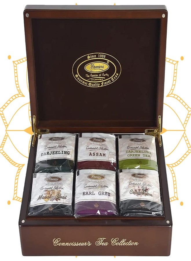 Premiers Connoisseur Collection Handcrafted Wooden Tea Gift Box with 6 Assorted Pure and Flavoured Tea Bags - 90 Cups | 180 Grams | Wooden Gift Box Series - Image 1