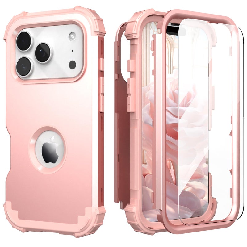 IDweel for iPhone 17 Pro Max Case with Screen Protector for Women, 3 in 1 Shockproof Slim Fit Hybrid Heavy Duty Hard PC Cover Soft Silicone Bumper Full Body Anti-Fingerprint Case, Rose Gold - Image 1