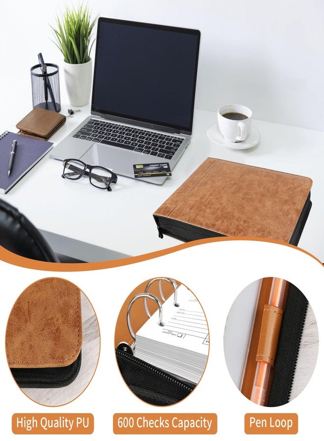 Smarpau Business Checkbook Binder 7 Ring, PU Leather Check Binder Holds 600 Checks Capacity, Executive Office Business Checkbook with Zipper Pouch for 9 × 13 Inch Sheets, Brown - Image 3