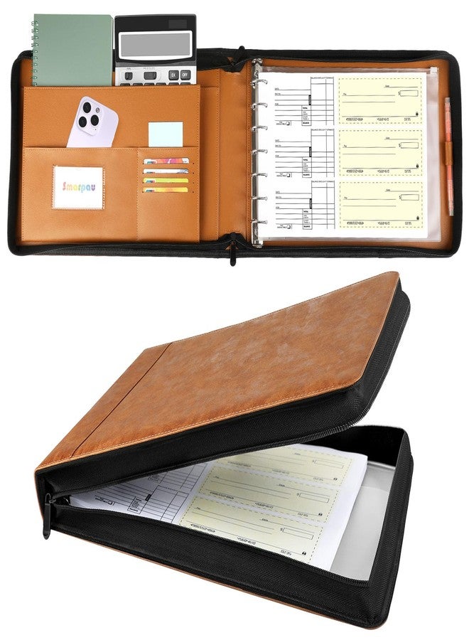 Smarpau Business Checkbook Binder 7 Ring, PU Leather Check Binder Holds 600 Checks Capacity, Executive Office Business Checkbook with Zipper Pouch for 9 × 13 Inch Sheets, Brown - Image 1