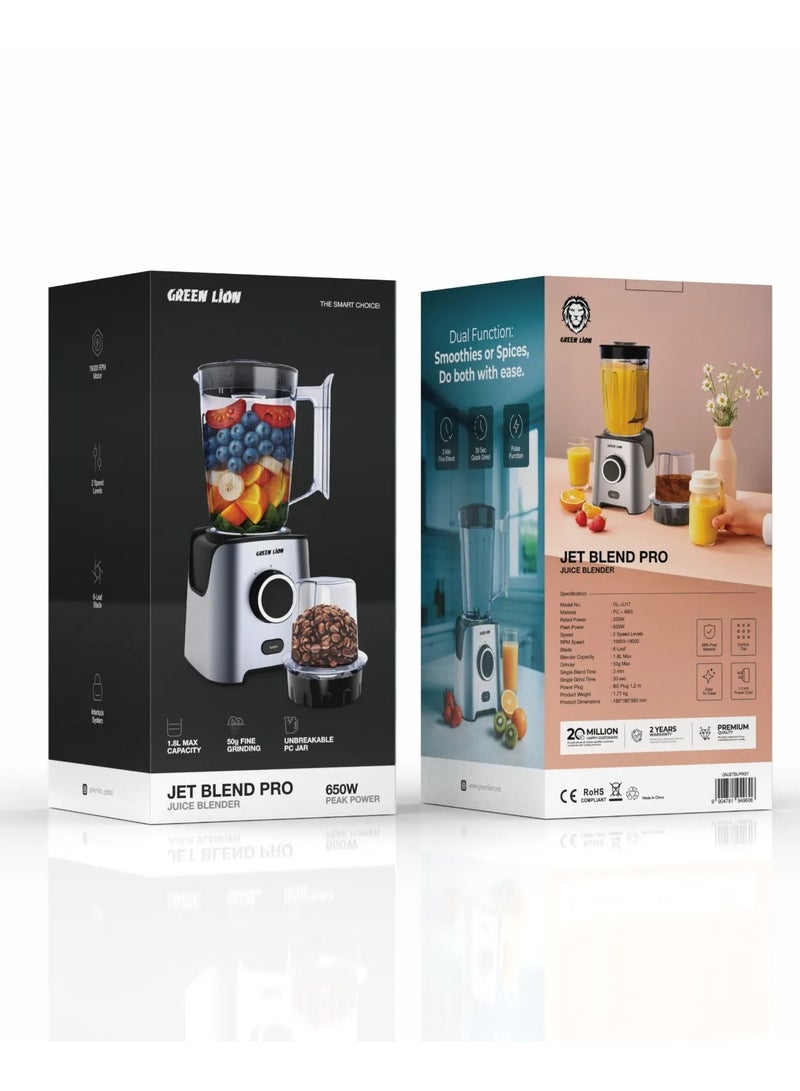 GREEN LION Jet Blend Pro Juice Blender 650W / Blender with Grind mills / Juicer Blender Capacity 1.8L/ Smoothie Maker Blade 6-Leaf / High RPM Speed 19000 / Mixer with 2 Speed - Gray - Image 4