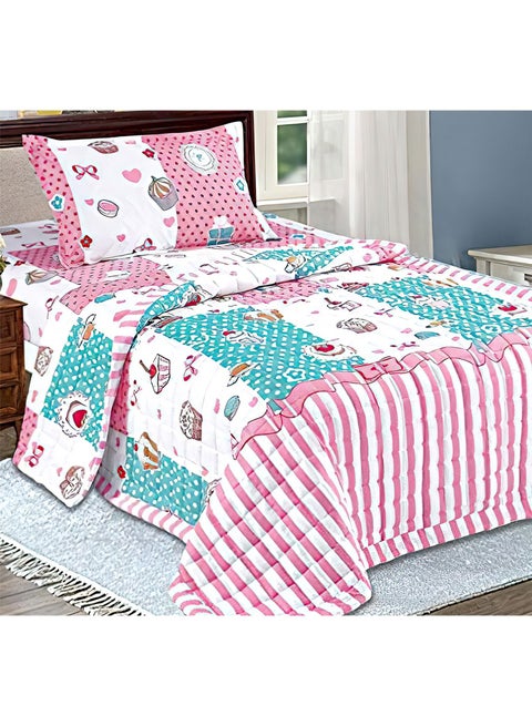 Sleep Night Kids Compressed 3-Piece Comforter Set Single Size 150 X 210 Cm Modern Graphic Reversible Bedding Set, Quilted Box Stitching Pattern Multi color