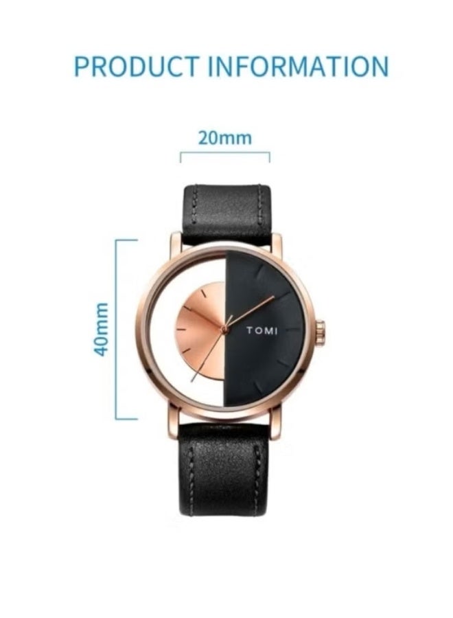 TOMI A unisex wrist watch with black Gold leather strap for men and women - Image 4