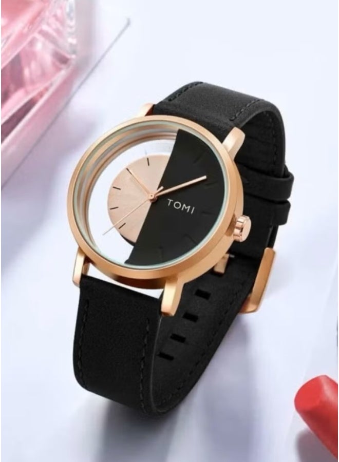 TOMI A unisex wrist watch with black Gold leather strap for men and women - Image 1