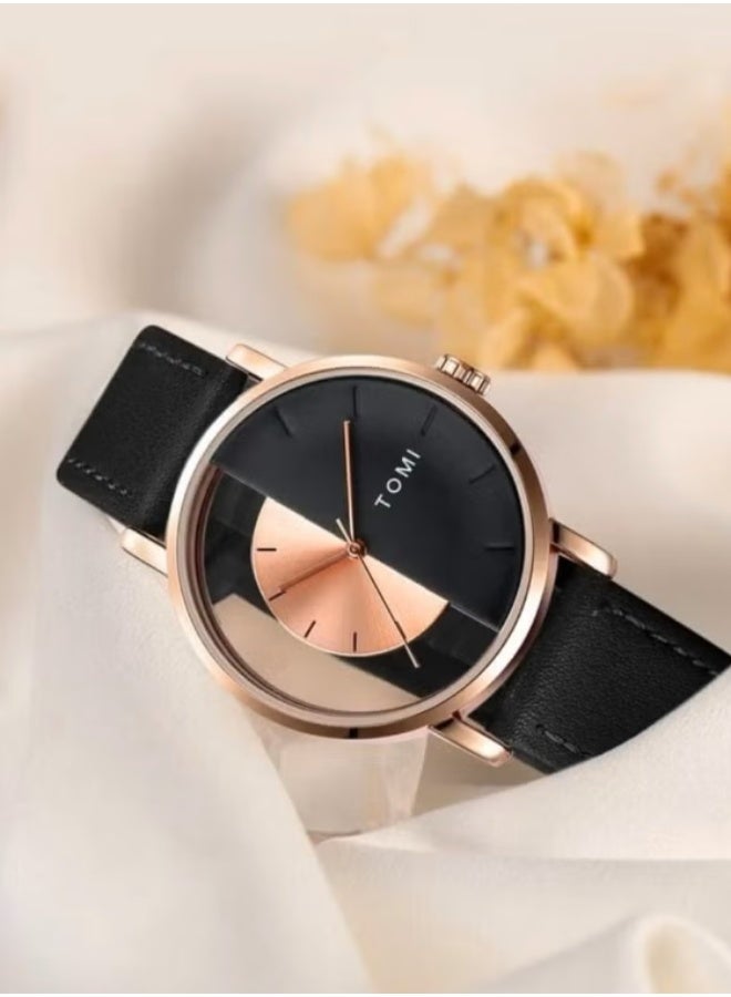 TOMI A unisex wrist watch with black Gold leather strap for men and women - Image 2