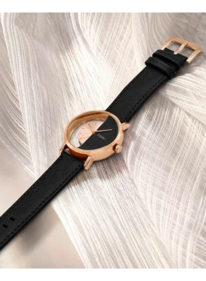 TOMI A unisex wrist watch with black Gold leather strap for men and women - Image 3