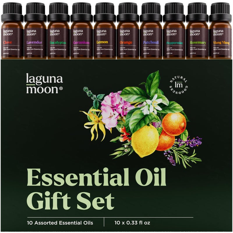 Lagunamoon 10-Pack Organic Essential Oils Set, 10mL, Top 10 Scents for Aromatherapy, Massage, Candle Making, Soap Scents, Office, Skin u0026 Hair Care - Image 1